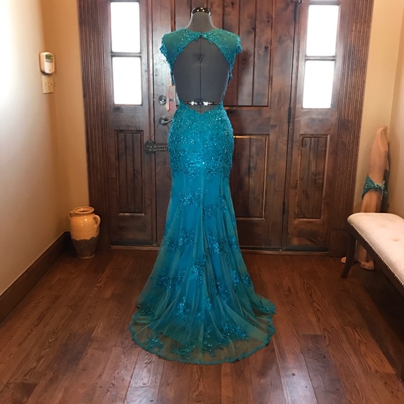 🔥JOVANI Teal Blue Jewelled Lace Prom Gown! NEW! - Picture 4 of 8